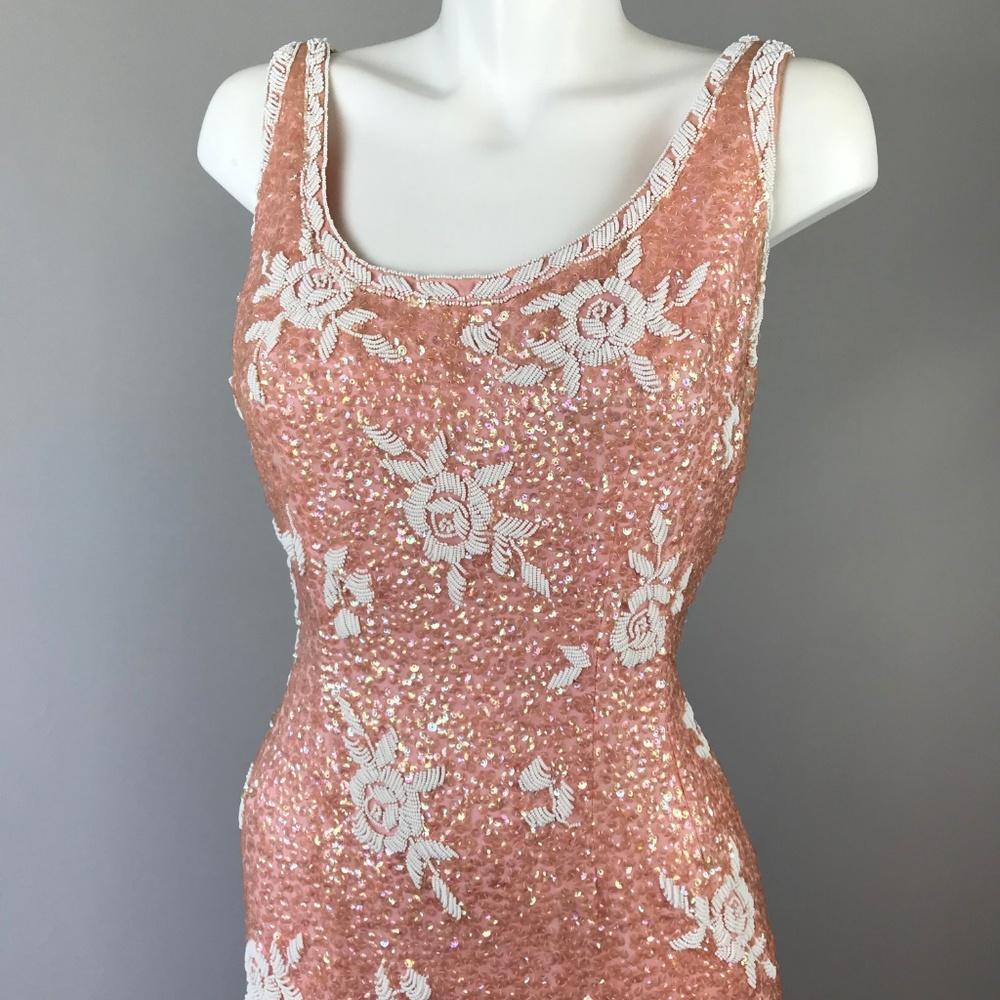 Vtg 50s Pink Sequin Beaded Wiggle Dress Rose L - Picture 3 of 7
